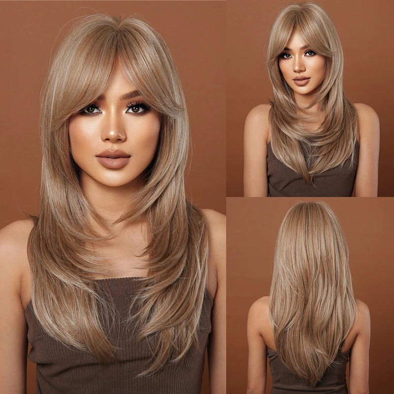 Long Blonde Layered Wigs With Curtain Bangs Light Blonde Straight Wig Natural Women Wavy Hair Daily Party