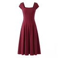 Women Square Neck Short Sleeve Midi Slim Elegant Dress Red Lace Up Evening Party Dresses
