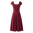 Women Square Neck Short Sleeve Midi Slim Elegant Dress Red Lace Up Evening Party Dresses