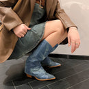 Mid Calf Boots Pointed Toe Winter Boots Women Thick High Heels Western Boots