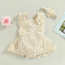 Baby Girls Romper Dress Summer Sleeveless Square Neck Floral Lace Embroidery Party Princess Bodysuit Headband Outfit