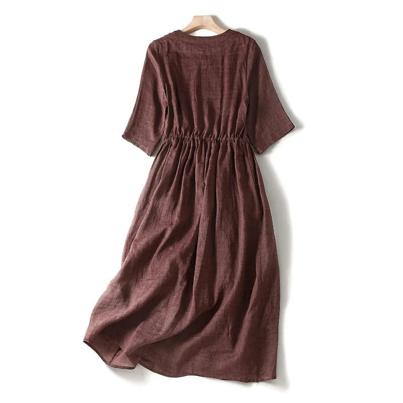 Women Cotton Short Sleeve Midi Dress Summer Casual Loose Vintage Solid Dresses With Pockets Female