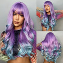 Blonde Unicorn Long Wavy Wig Ombre Purple to Blue for Woman Cosplay Halloween Wigs Heat Bangs Hair