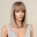 Light Brown Short Straight Bob Wig Ombre Middle Length Wigs with Bangs Natural