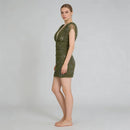 Women's Olive Green Beaded Tulle Mini Dress Deep V Back Ruched Puff Sleeve Party Cocktail Dress