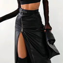 Autumn Winter Pencil Skirts Women Leather Split with Belt Midi Skirt Bodycon Party Skirts