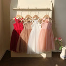 Summer Girls' Dress French Rose Sweet and Mesh Princess Beach Dresses Kids Clothing