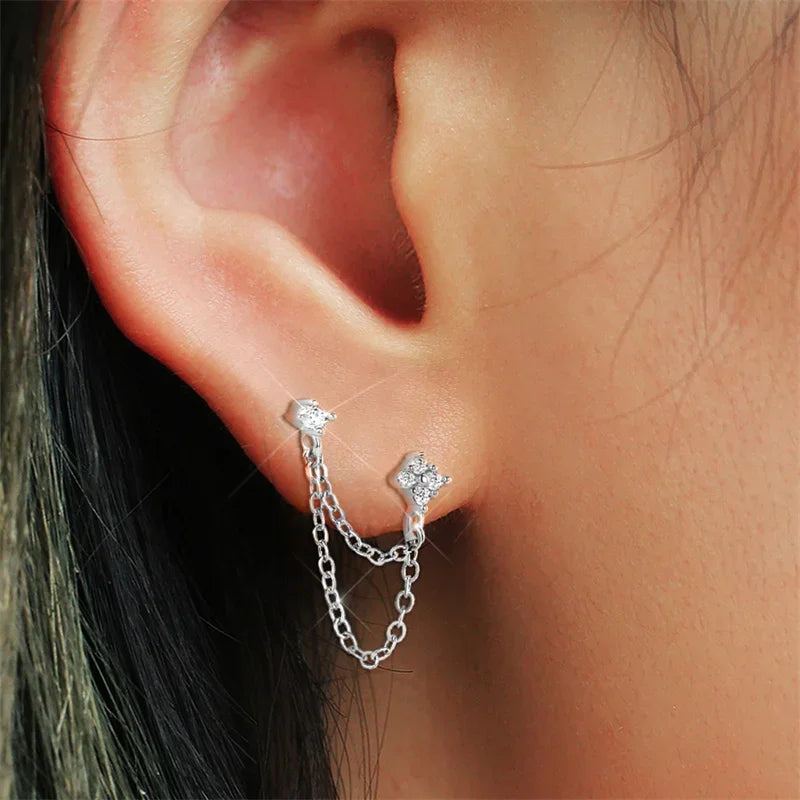 Drop Earring For Women Girls Double Studs Chain Tassel Piercing Earrings Jewelry Gift