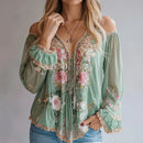 Women Off the Shoulder Blouse Flare Sleeve Floral Chiffon Mesh Lace Hem Shirts