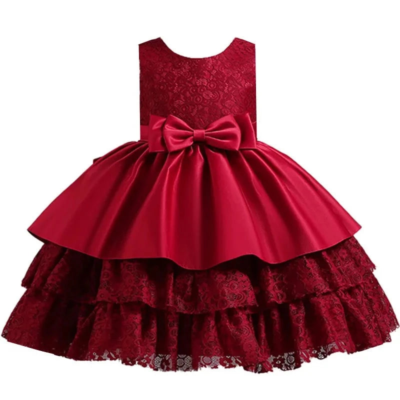 Girls Flower Dresses For Wedding and Party Kids Princess Lace Bowknot Birthday Performance Costumes Children Clothing