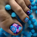 24pcs Blue Purple Flowers False Toe Nails with Designs Summer Press On Nails Gradient Foot Fake Nails