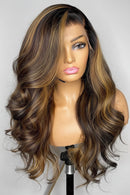 Mannequin head with a long, wavy brown wig on a plain background, Obroi
