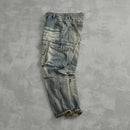 Heavy American vintage motorcycle cargo jeans men's multi-pocket straight cone heavy washed casual pants tide