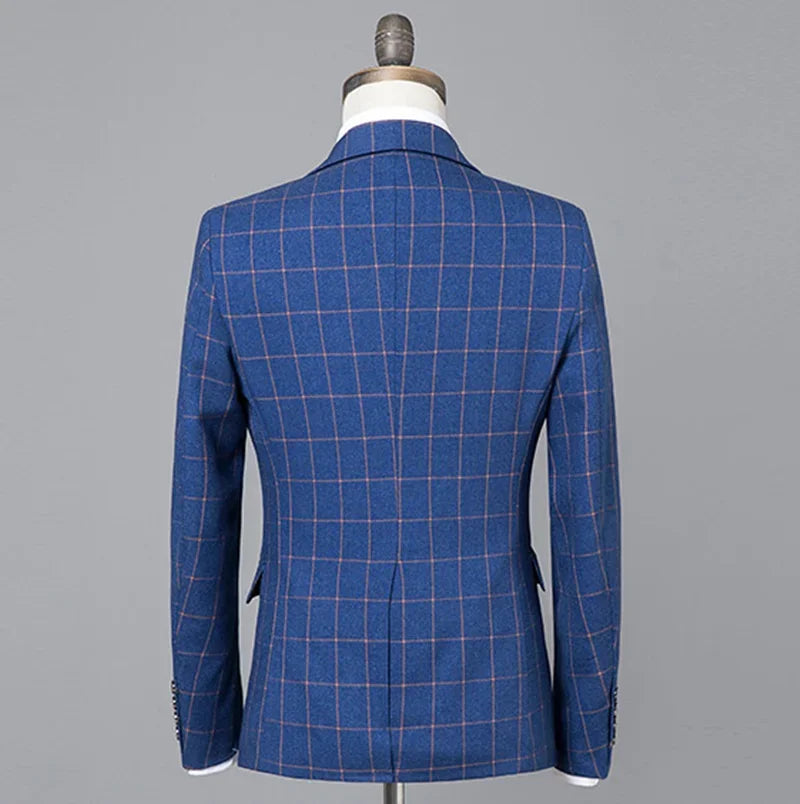 Blazer Vest Trousers Business Elegant Gentleman Plaid Slim Casual Formal Suit 3-piece