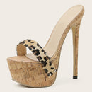 Leopard Platform Sandals High Heels Summer Slippers Mules Ladies Peep Toe Slip Shoes Sliders