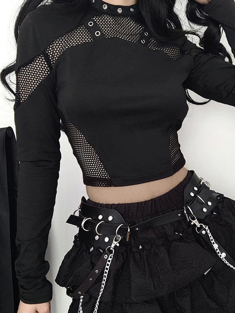Spring And Autumn Punk Halloween Hollow Out Tops Mesh Patchwork T-Shirts Clothes Women