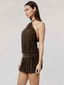 Halter Backless Pleated Mini Dress Women Off-shoulder Sleeveless Dresses