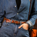 Retro Narrow Genuine Leather Women Belt Pure Copper Button Western Jeans Belt Women Belt
