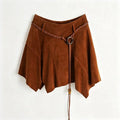 Retro Girl Suede Pleated Short Skirt with High Waist Genuine Leather