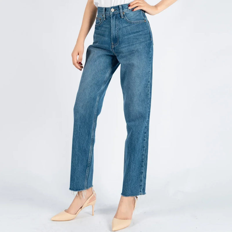 Spring/Summer European and American High Waist Retro Wash Blue Straight Leg Jeans with Topstitching and Raw Edges