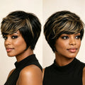 Two side-by-side views of a woman modeling a short layered wig with dark brown to black roots and warm blonde highlights. The image shows the front and three-quarter profile against a plain beige background, with a yellow text label in the bottom right corner reading '6inch/15, Obroi