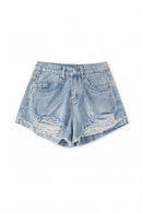 Distressed denim shorts on a white background, Obroi