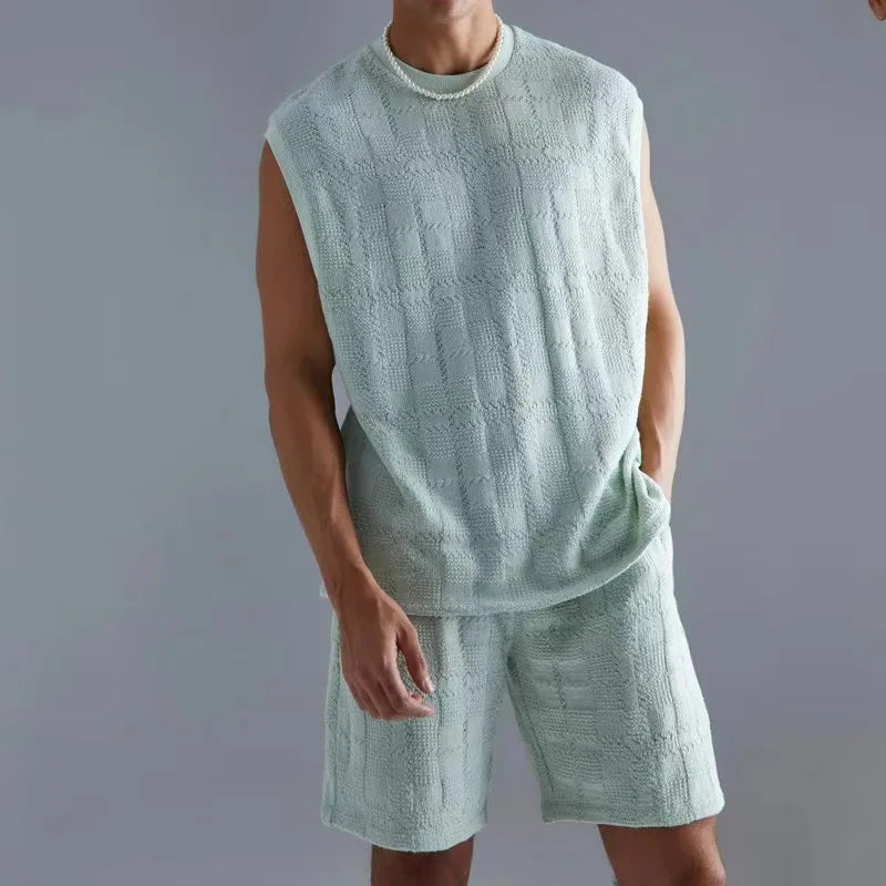 Spring Summer Knitted Short Sleeve T-shirt and Shorts Male Two Piece Set Streetwear Casual