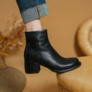 Leather Women Ankle Boots Spring Autumn Heeled Boots Retro Ladies Round Toe Black Zipper Boots