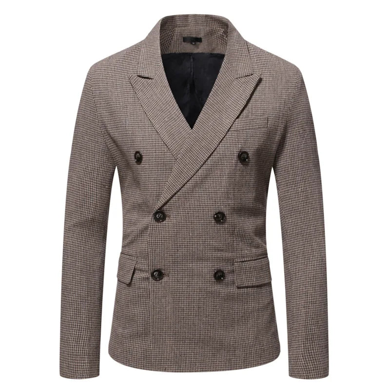 Elegant Men Suits Jackets Vintage Double Breasted Plaid Dress Coat for Men Formal Blazers