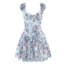 Boho Blue Floral Mini Dress Women Puff Sleeve Lace Spliced A-line Beach Holiday Summer Dresses