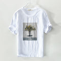 New linen embroidered round neck t-shirt men print-double-fish men t shirts short sleeve solid white tshirt mens camiseta tops