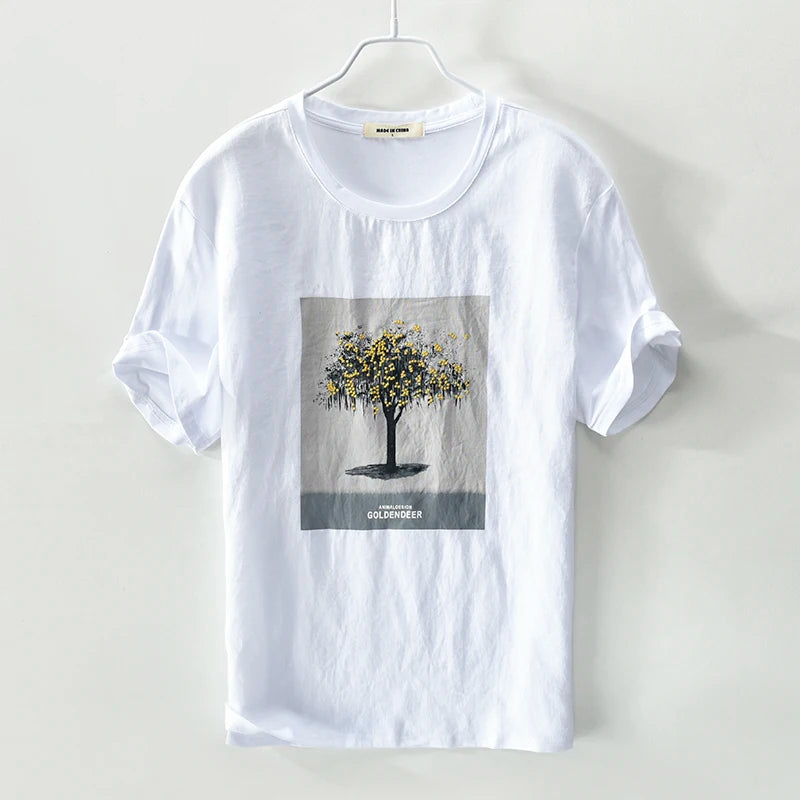 New linen embroidered round neck t-shirt men print-double-fish men t shirts short sleeve solid white tshirt mens camiseta tops