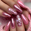 Medium long nails Pink blue heart design square nail tips press on nail