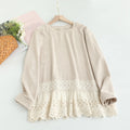 Girl Hollow Out Ruffled Hem Patchwork Cotton T-Shirts Women Autumn Casual Loose Shirts
