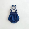 Summer Baby Girls Denim Romper Ruffle Strap Bow Headband Newborn jumpsuit Infant Bodysuit