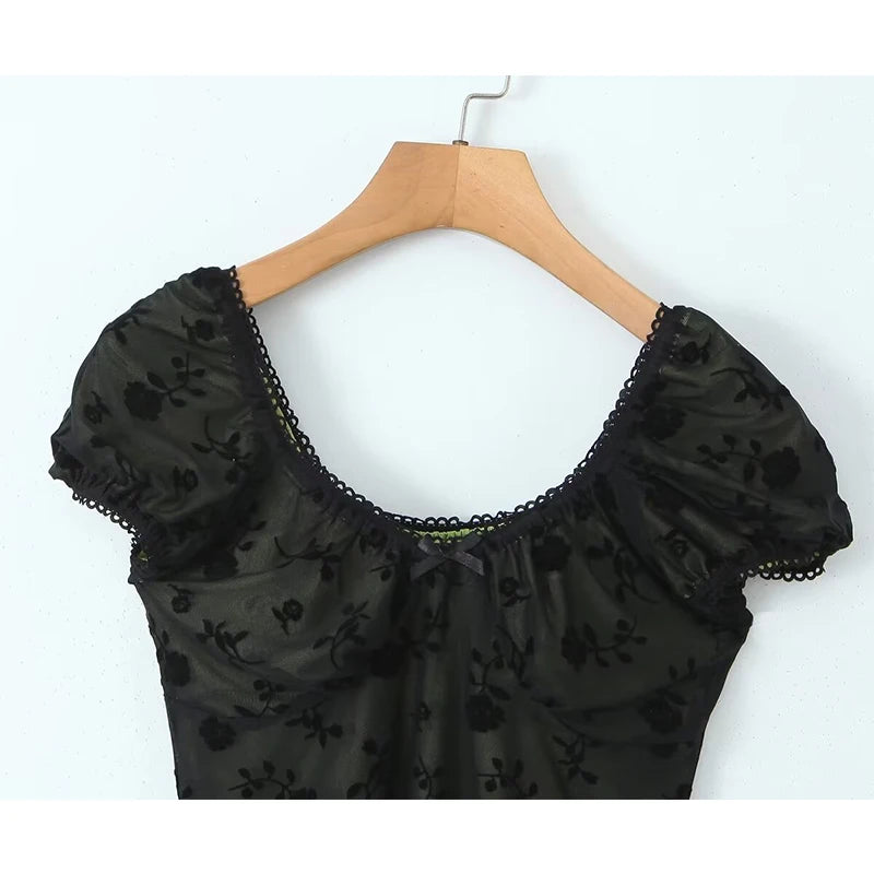 Women Rose Floral Mesh Crop Top Sexy Puff Sleeve Ladies Chic Summer Tops