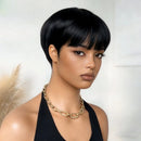 Woman with a stylish haircut and gold necklace against a neutral background, Obroi