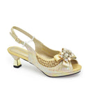 Elegant Women's Peep-Toe Heels and Matching Gold Color Diamond Pumps Set - Shoes and Bags