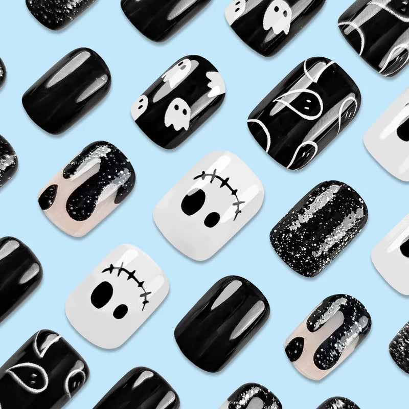 24pcs Halloween False Nails Black Square Nail Art Full Cover Glitter Fake Nails Press On Nails Tips