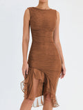 Elegant Ruffle Midi Dress For Women Robe Summer Backless Irregular Club Party Dress