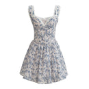 Floral Strapless Dress Women Autumn V Neck Lace Trim Waist Cinched Short Skirt