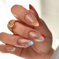 24pcs Manicure Fake Nials Diy Green Flowers French Long Almond False Nails