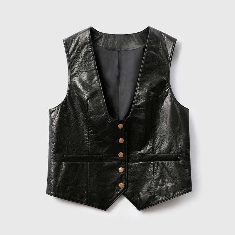 Genuine Leather Waistcoat Fall Winter Retro Single Breasted Vest Jacket For Women