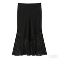 Women Lace Satin Split Midi Skirt High Waist Summer Long Skirts for Female Casual