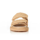 Women Flat Sandals with Raffia Woven Upper Velcro Strap and Soft Summer Casual Footwear