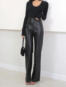 Straight Leather Pants Spring Women Faux Leather Trousers Chic Ladies Leisure Pants