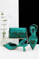 Green Rhinestone Comfortable high heel shoe And Bag Pointed-Toe Shoes For Women