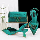 Green Rhinestone Comfortable high heel shoe And Bag Pointed-Toe Shoes For Women