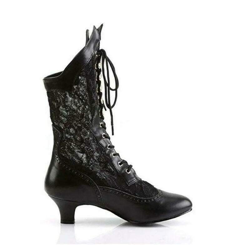 Women Victorian Pointed Toe Mid-Calf Boots Leather Lace Hollow Out Punk Lace Up Strange High Heel Shoes