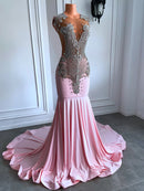 Pink Dresses Sheer Mesh Top Luxury Sparkly Silver Diamond Black Girls Pink Prom Formal Party Gowns
